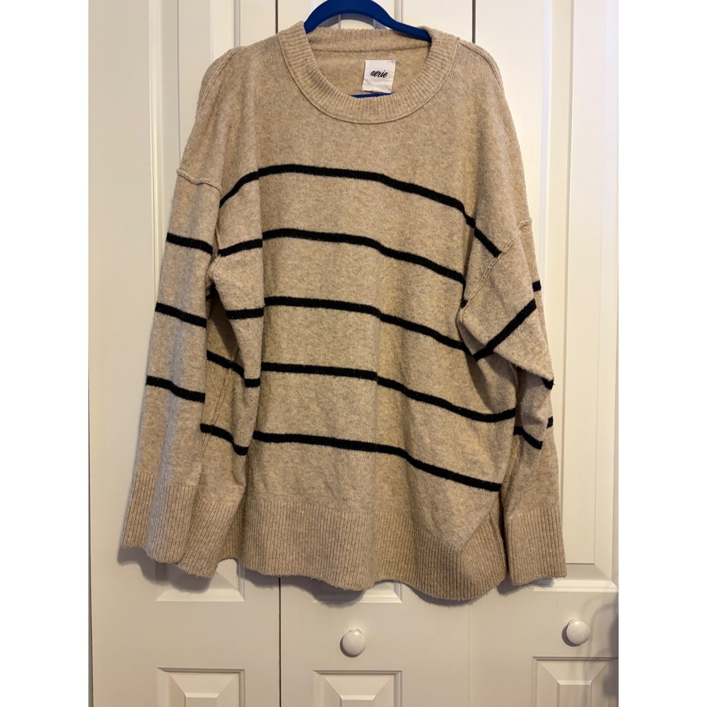 Aerie Oversized Striped Crewneck Sweater Oatmeal Beige Black XL Drop Shoulder - Picture 2 of 6